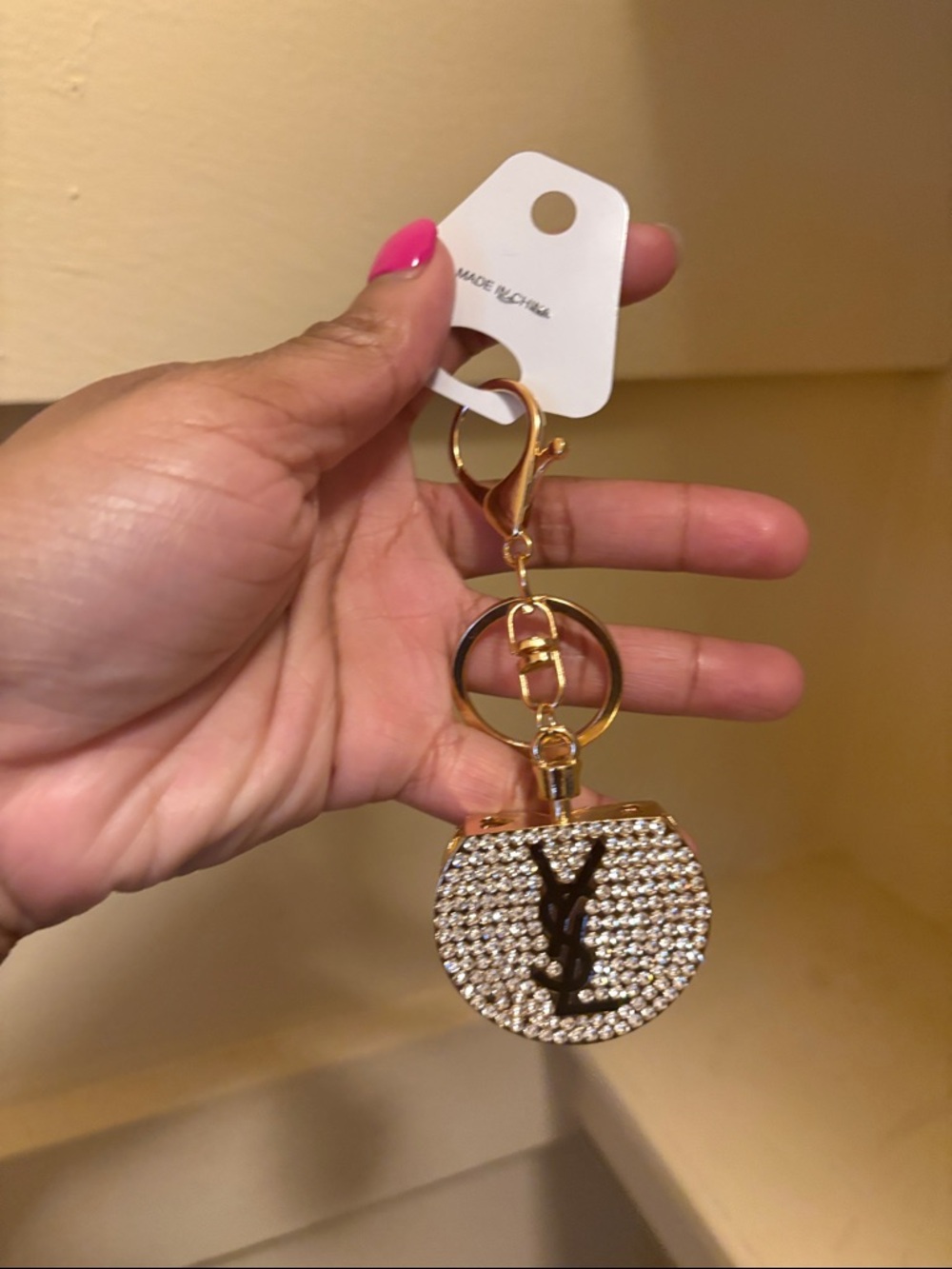 Inspire Gold Crystal Round Key & Card Holder Charm with Black Logo